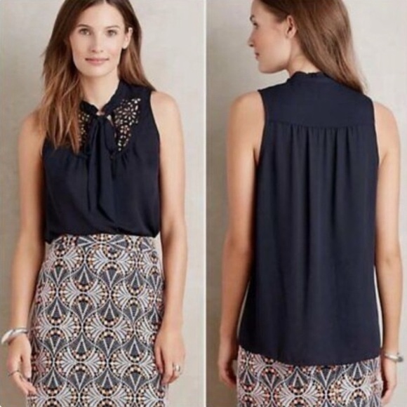 NWOT Anthropologie Luca Tie-Neck Blouse, by Maeve - Navy Size 6 - Picture 1 of 9